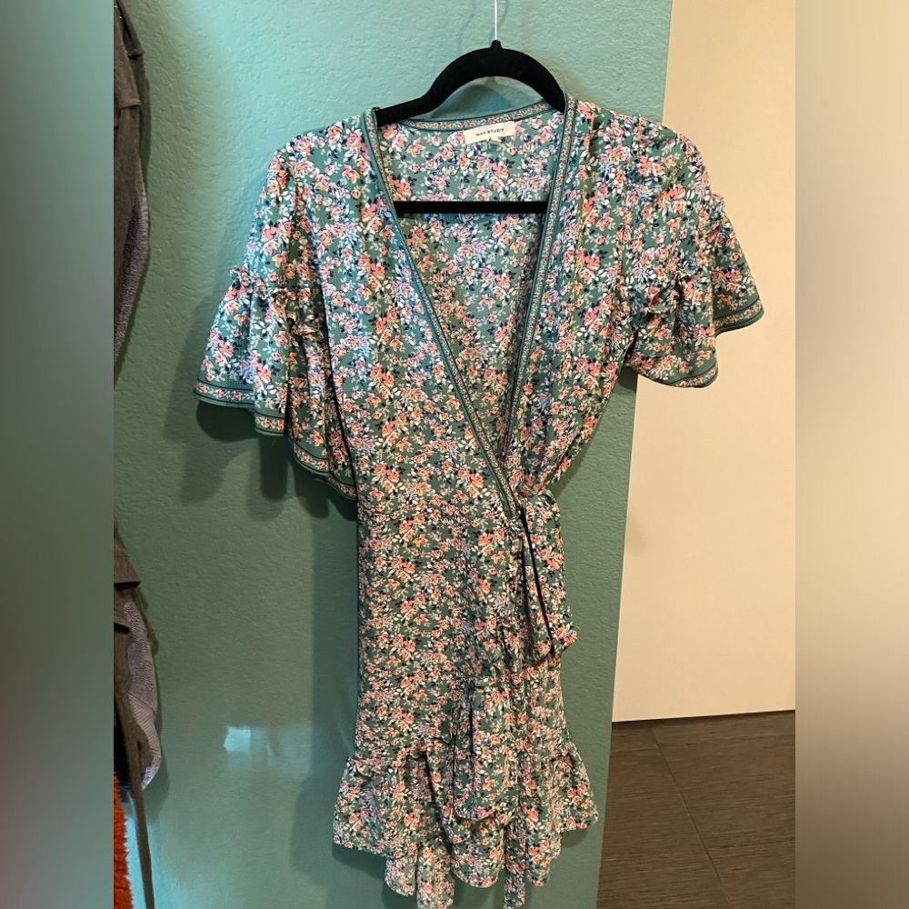 Green and Pink Floral Wrap Dress